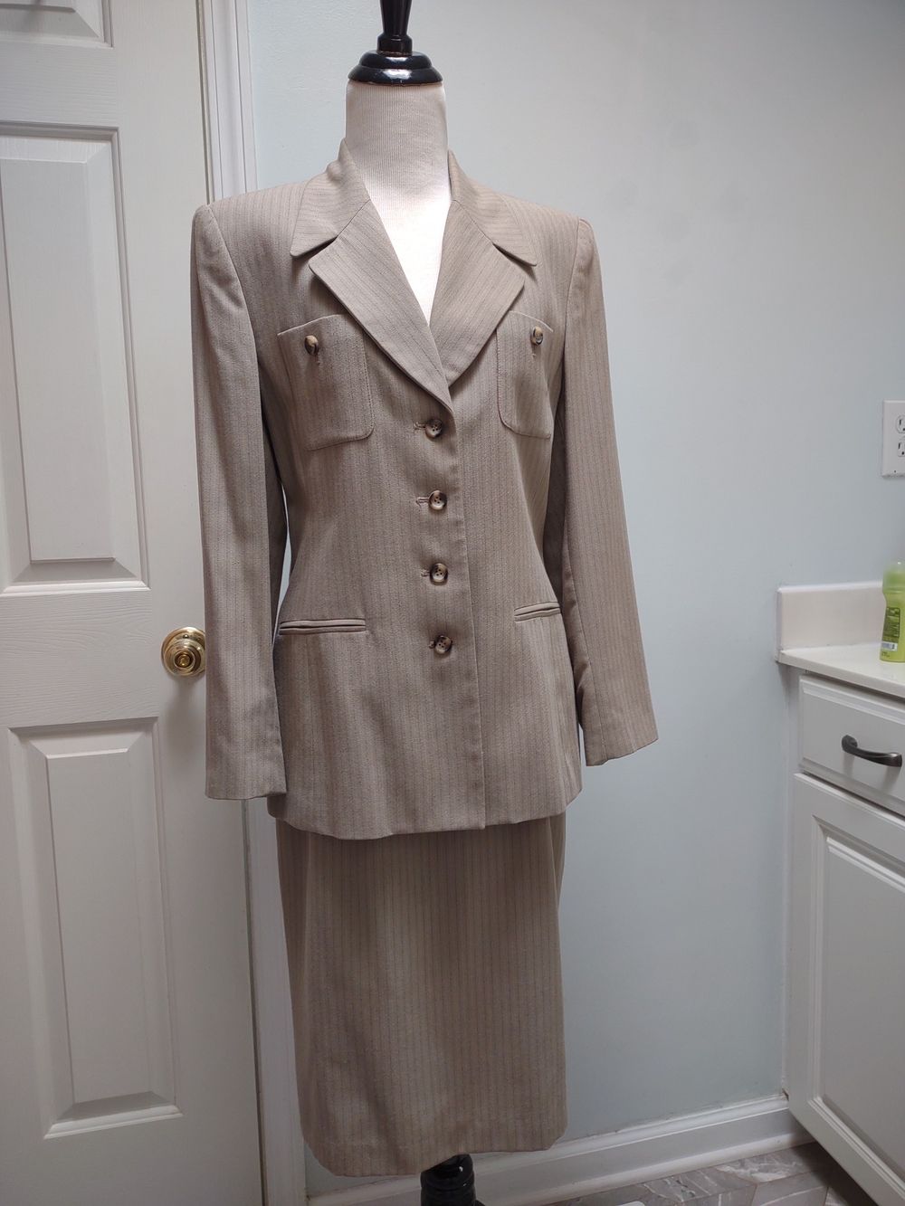 Vintage Kasper Beige Pinstripe Blazer and Skirt Set